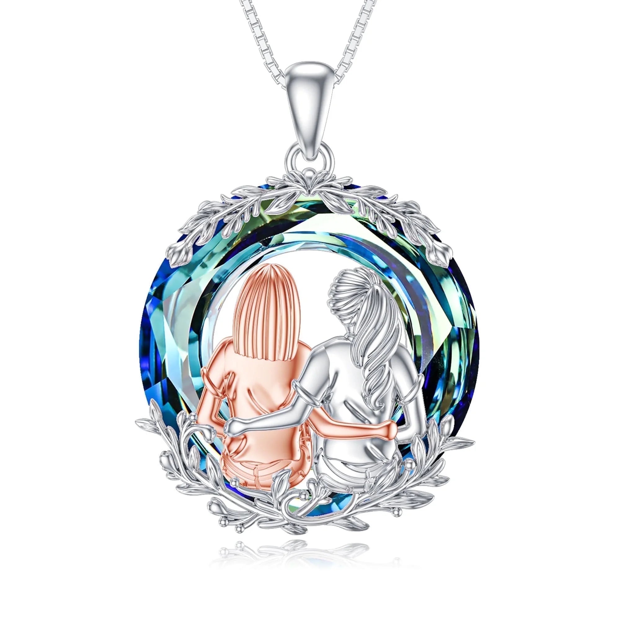 Sterling Silver Friendship Necklace for 2 - Sister Sit and Hug Pendant with Blue Crystal - Perfect Gift for Best Friends, Birthdays, Anniversaries, Mother's Day, Valentine's Day, and Christmas