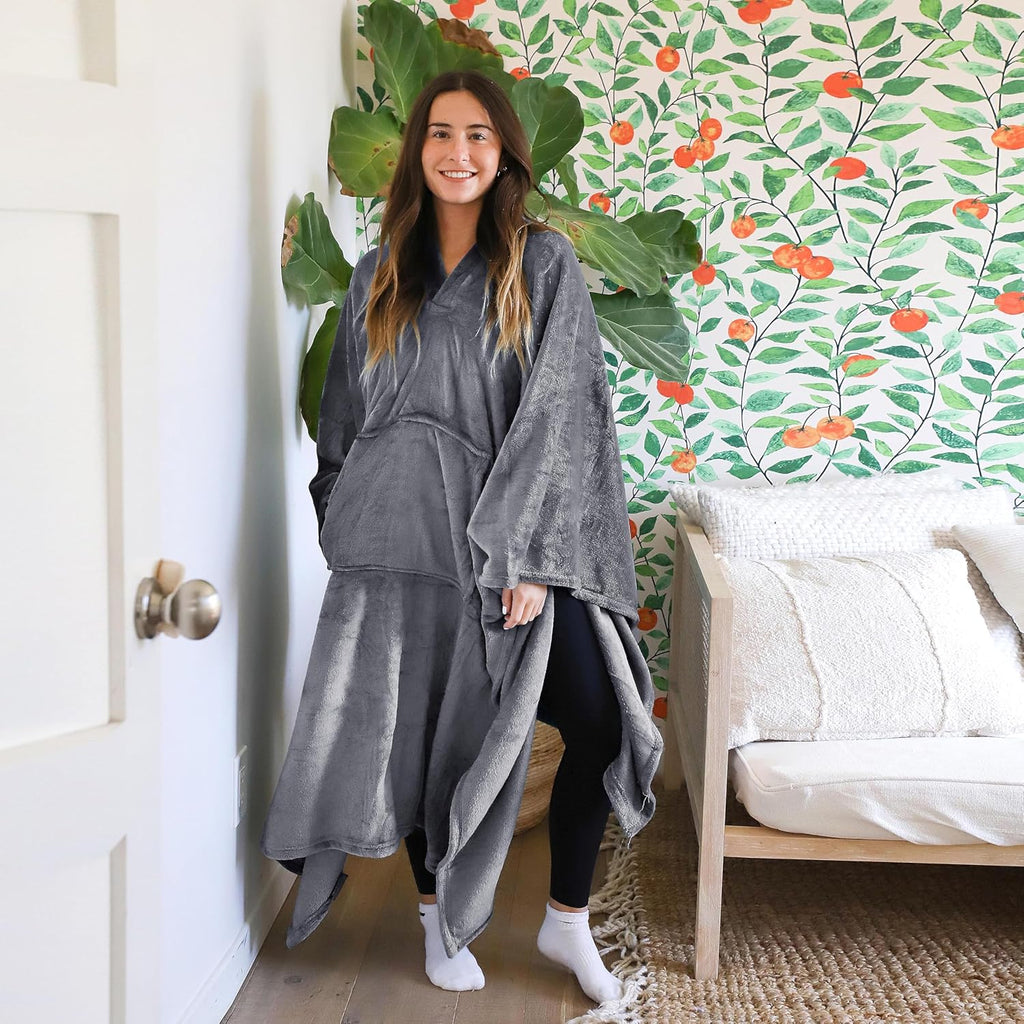 Super Soft Wearable Poncho Blanket - Cozy Plush Fleece Throw for Adults & Kids, Perfect for Indoor & Outdoor Use, 55''X 80'' Grey