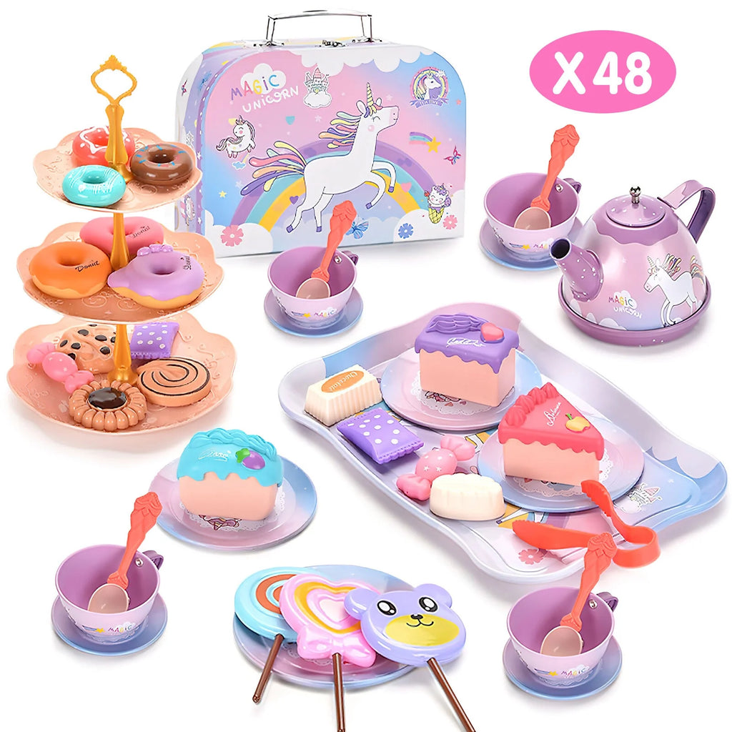 48-PIECE PLAY TEA PARTY SET FOR GIRLS: AGES 3-6, PRINCESS AND UNICORN THEMES