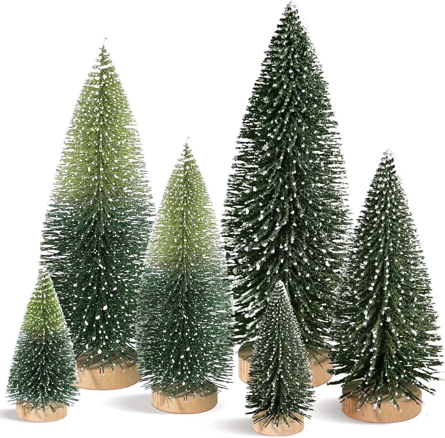 6Pcs Artificial Mini Christmas Tree Sisal Snow Trees Bottle Brush Christmas Trees Pine Trees Ornaments with Wooden Base for Christmas Party Decoration（(Green, Double Colors)）