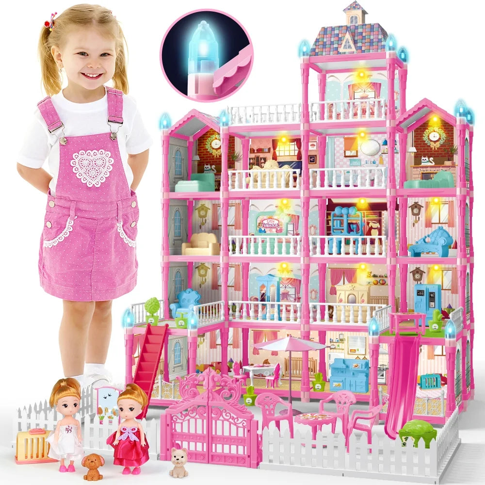 5-Story Dollhouse Playset for Girls with LED Lights, 19 Rooms, 2 Dolls, Furniture, and Accessories - Ideal Gift for Kids, Pink