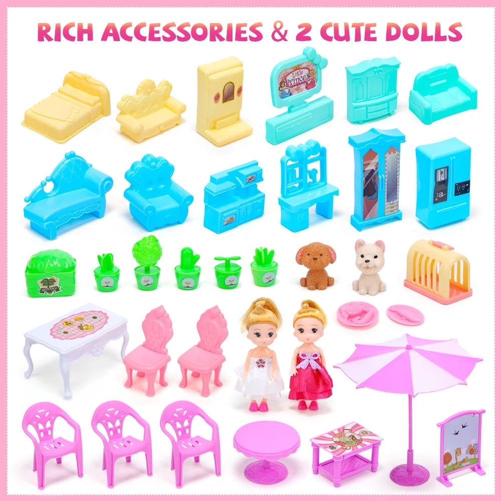 5-Story Dollhouse Playset for Girls with LED Lights, 19 Rooms, 2 Dolls, Furniture, and Accessories - Ideal Gift for Kids, Pink