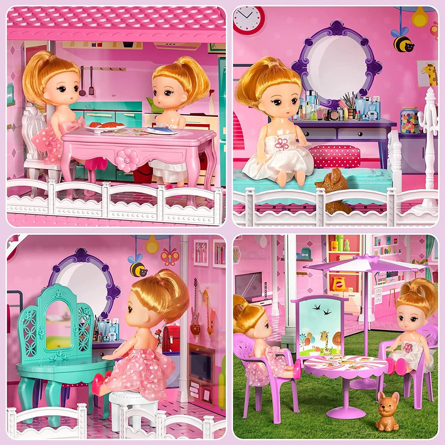 Luxurious 24.8'' Three-Story Dollhouse Set with Slide - 7 Rooms, 2 Dolls, 4 Puppies & Furniture Accessories - Perfect Pink Gift for Girls Ages 3+