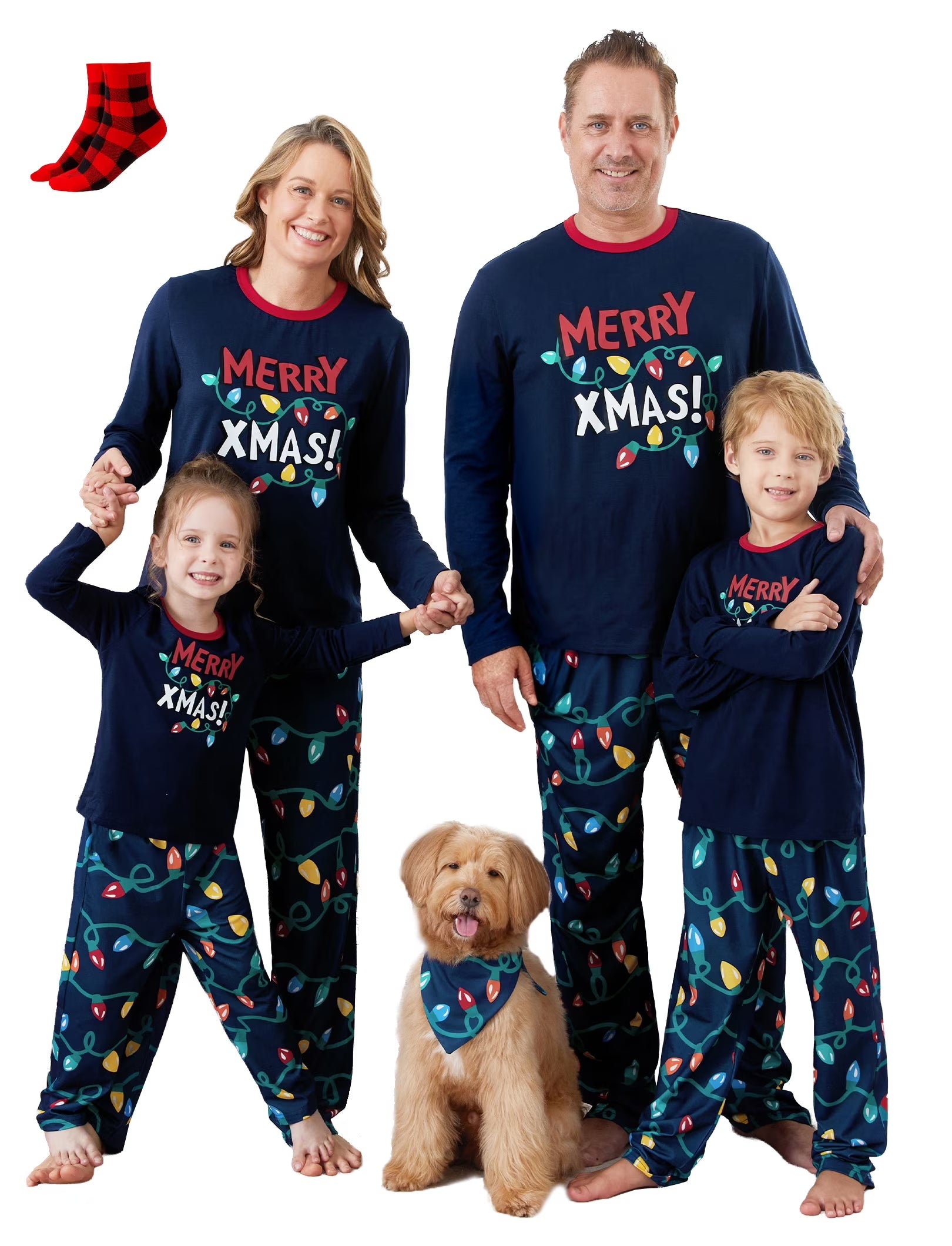 Kids Christmas Pajamas Family Matching Pjs Set Christmas Lights Top and Pant Gift for Girls Boys Sleepwear with Socks, 2-Piece, Size 8-9Y