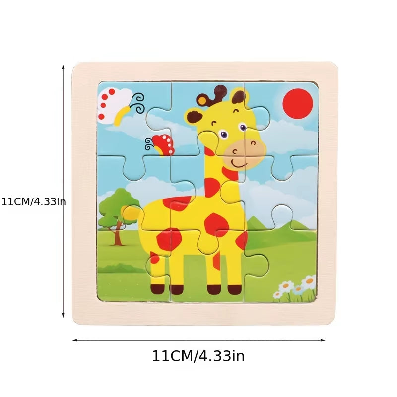 Colorful 11cm Wooden Jigsaw Puzzle for Kids - Fun Cartoon Animal & Vehicle Patterns - Montessori Educational Toy