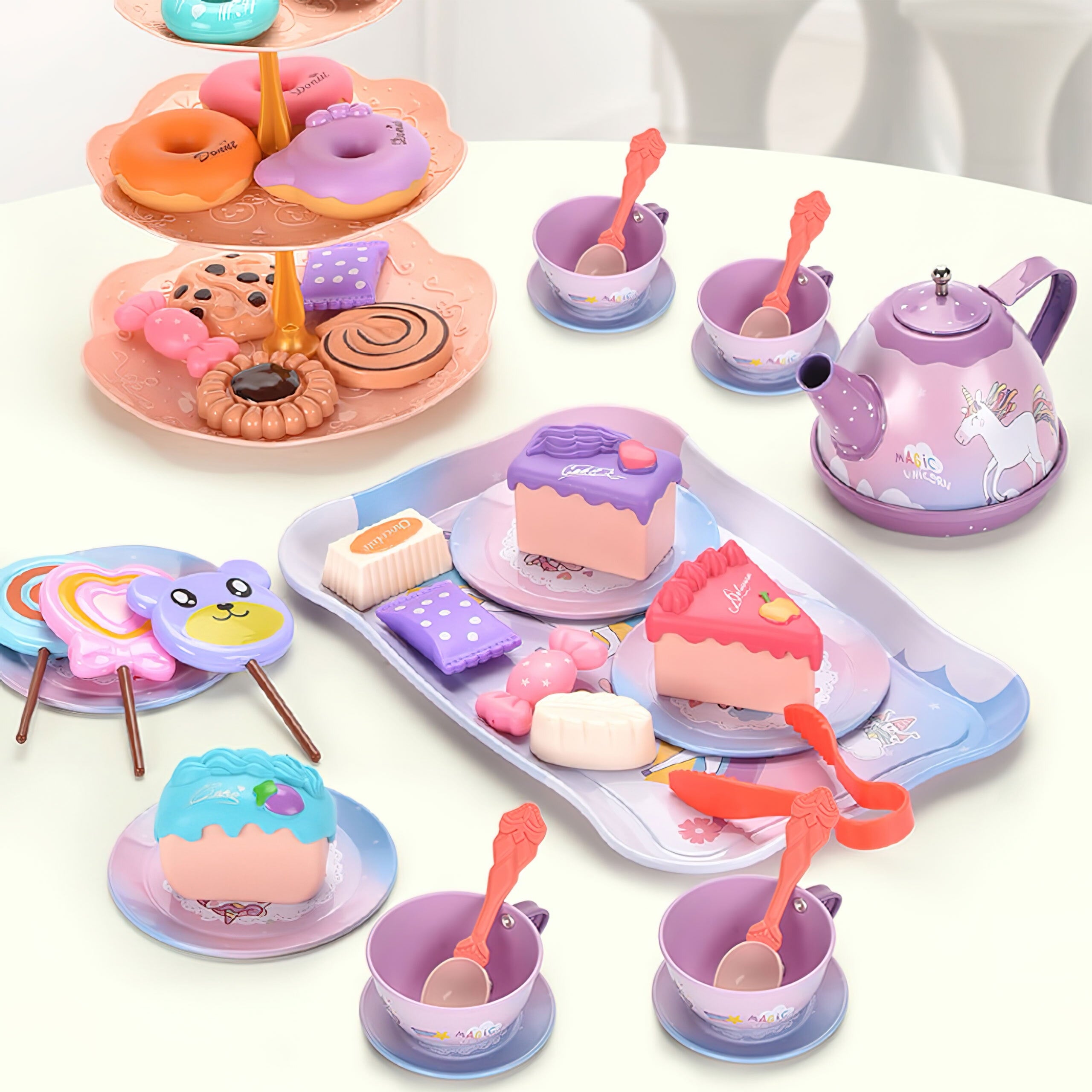 48-PIECE PLAY TEA PARTY SET FOR GIRLS: AGES 3-6, PRINCESS AND UNICORN THEMES