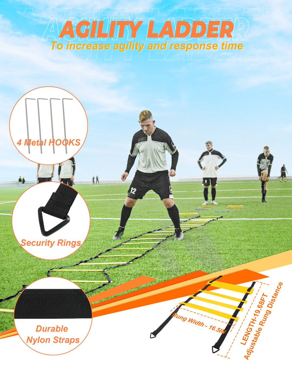 DF  Ultimate Speed and Agility Training Set for Kids - 20Ft Ladder, Cones, Hurdles, Resistance Parachute & Jump Rope for Basketball & Soccer