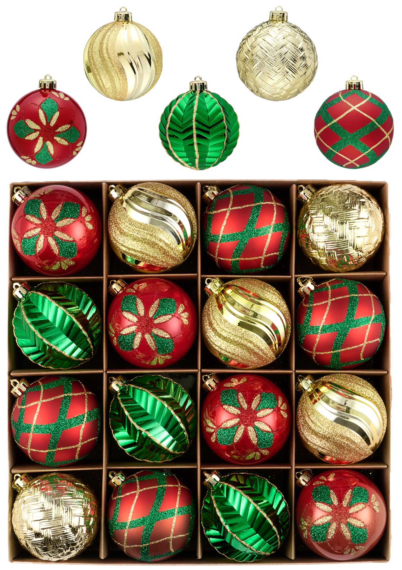 16Ct 3.15" Christmas Ornaments, Red Green Gold Christmas Balls Ornaments for Party Decor
