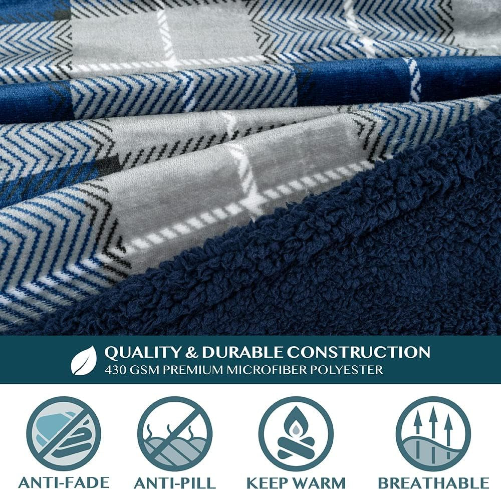 Cozy Sherpa Wearable Blanket with Sleeves & Pocket - Perfect Christmas Gift for Women & Men in Navy Blue Plaid