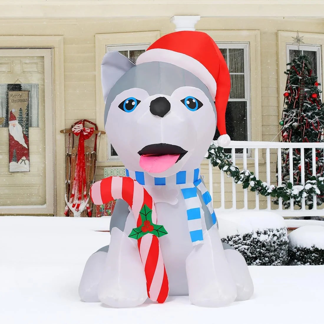 4 FT Christmas Inflatables Outdoor Dog Christmas Decorations Inflatable Christmas Dog Blow up Husky Dogs Holding Candy Cane Christmas Decoration with Built-In Leds for Xmas Party Garden Decor