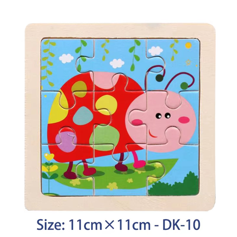 Colorful 11cm Wooden Jigsaw Puzzle for Kids - Fun Cartoon Animal & Vehicle Patterns - Montessori Educational Toy