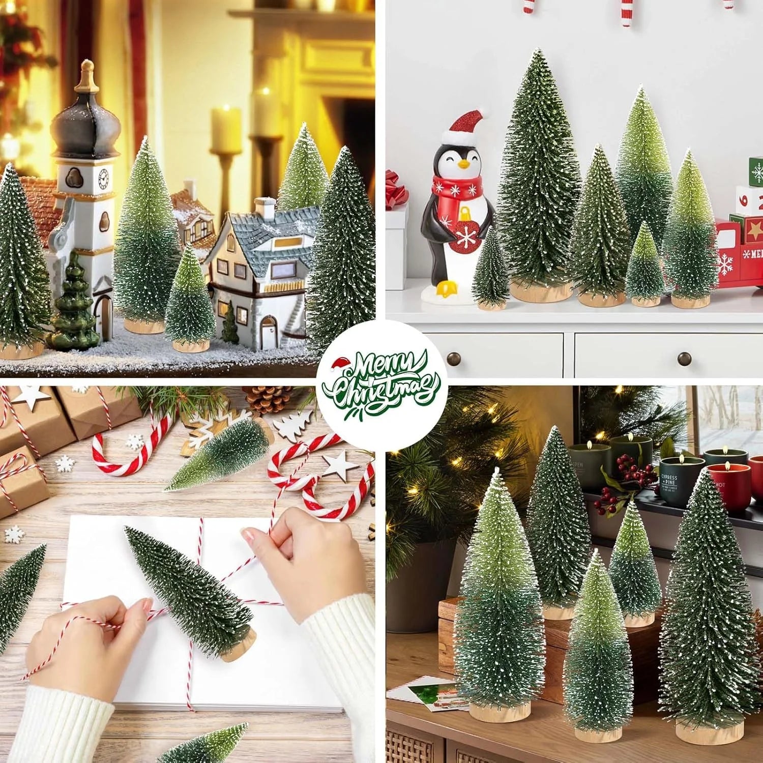 6Pcs Artificial Mini Christmas Tree Sisal Snow Trees Bottle Brush Christmas Trees Pine Trees Ornaments with Wooden Base for Christmas Party Decoration（(Green, Double Colors)）