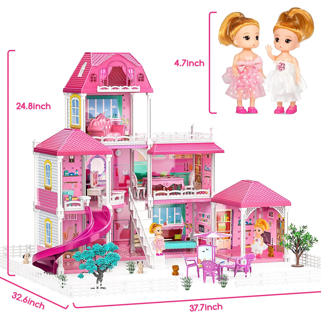 Luxurious 24.8'' Three-Story Dollhouse Set with Slide - 7 Rooms, 2 Dolls, 4 Puppies & Furniture Accessories - Perfect Pink Gift for Girls Ages 3+