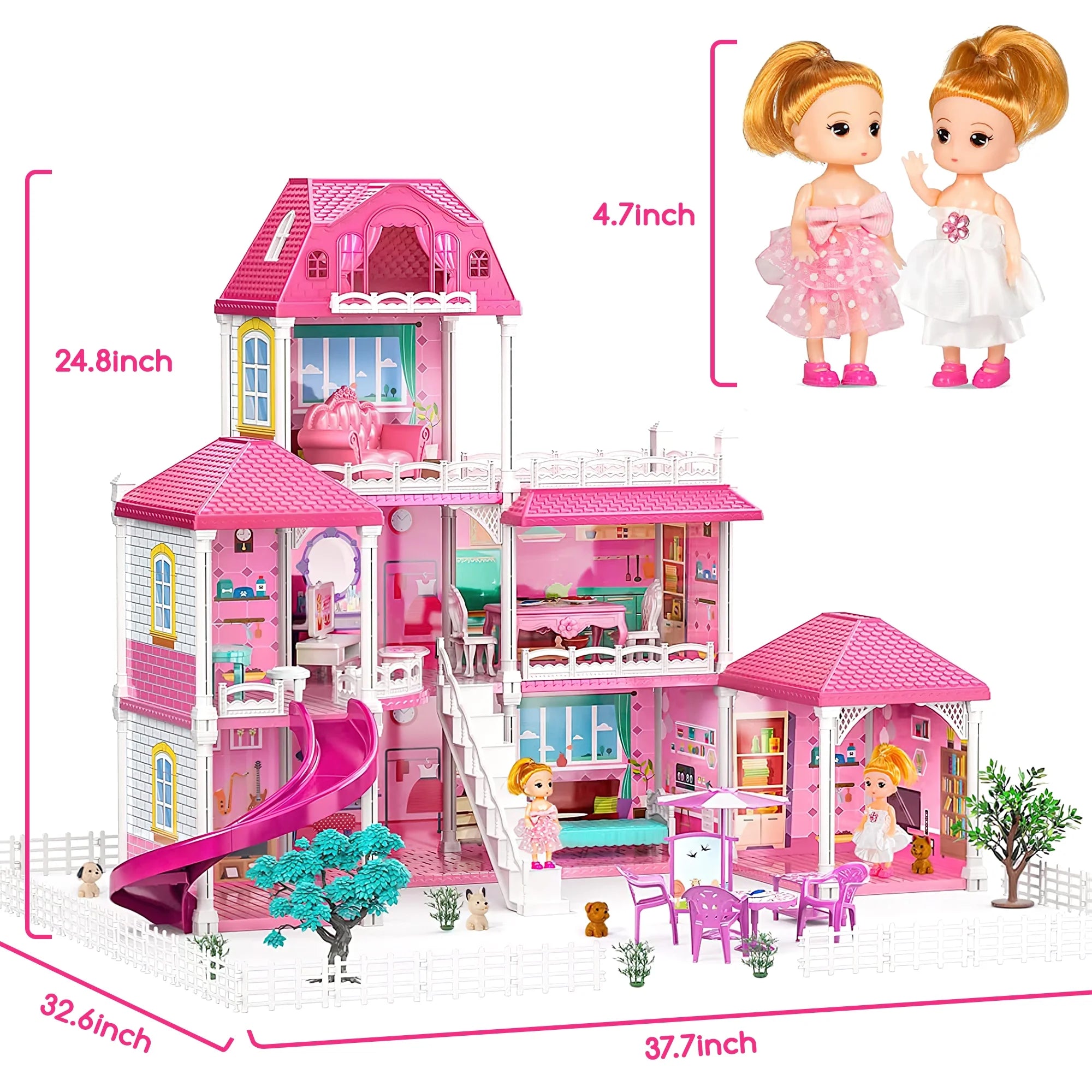 Luxurious 24.8'' Three-Story Dollhouse Set with Slide - 7 Rooms, 2 Dolls, 4 Puppies & Furniture Accessories - Perfect Pink Gift for Girls Ages 3+