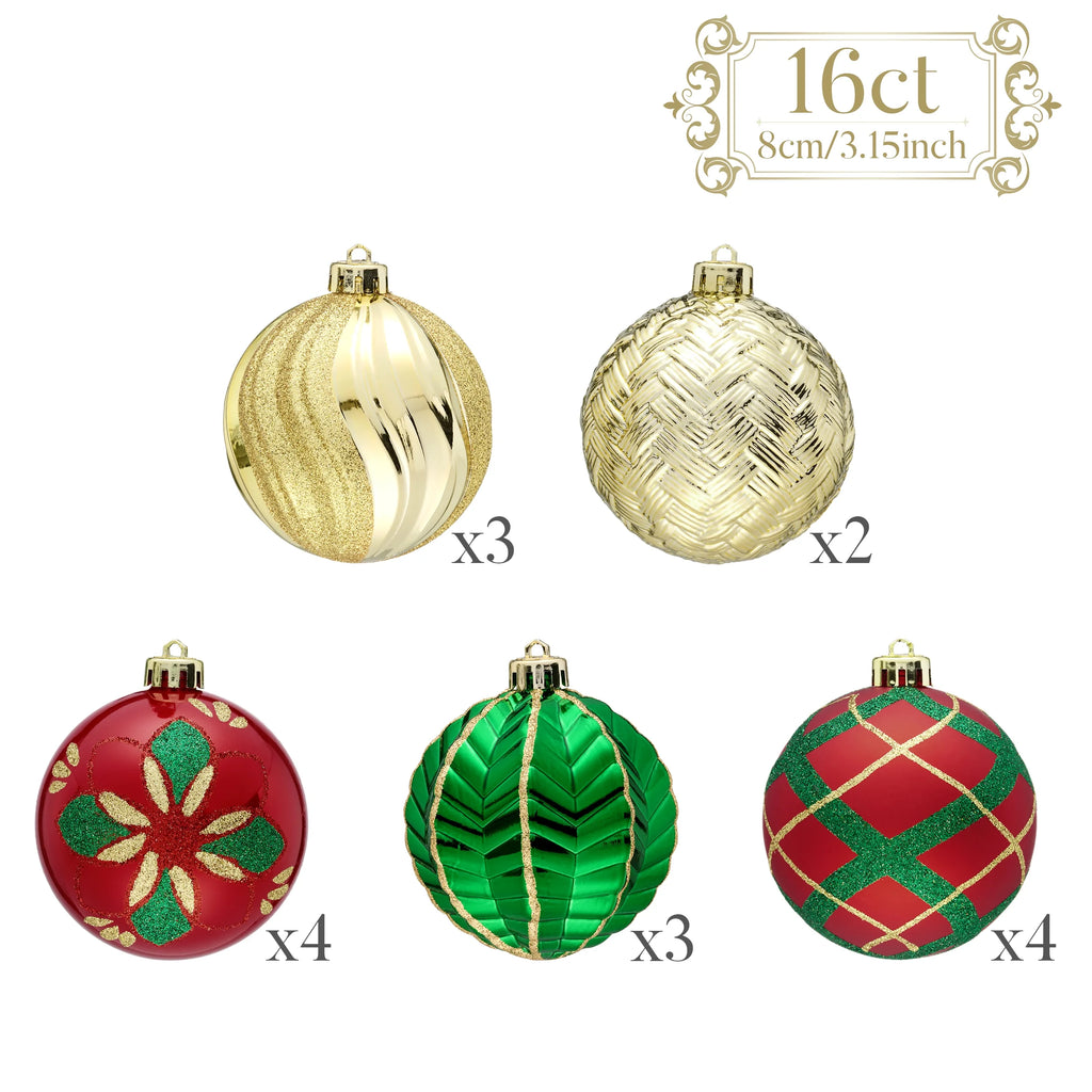 16Ct 3.15" Christmas Ornaments, Red Green Gold Christmas Balls Ornaments for Party Decor