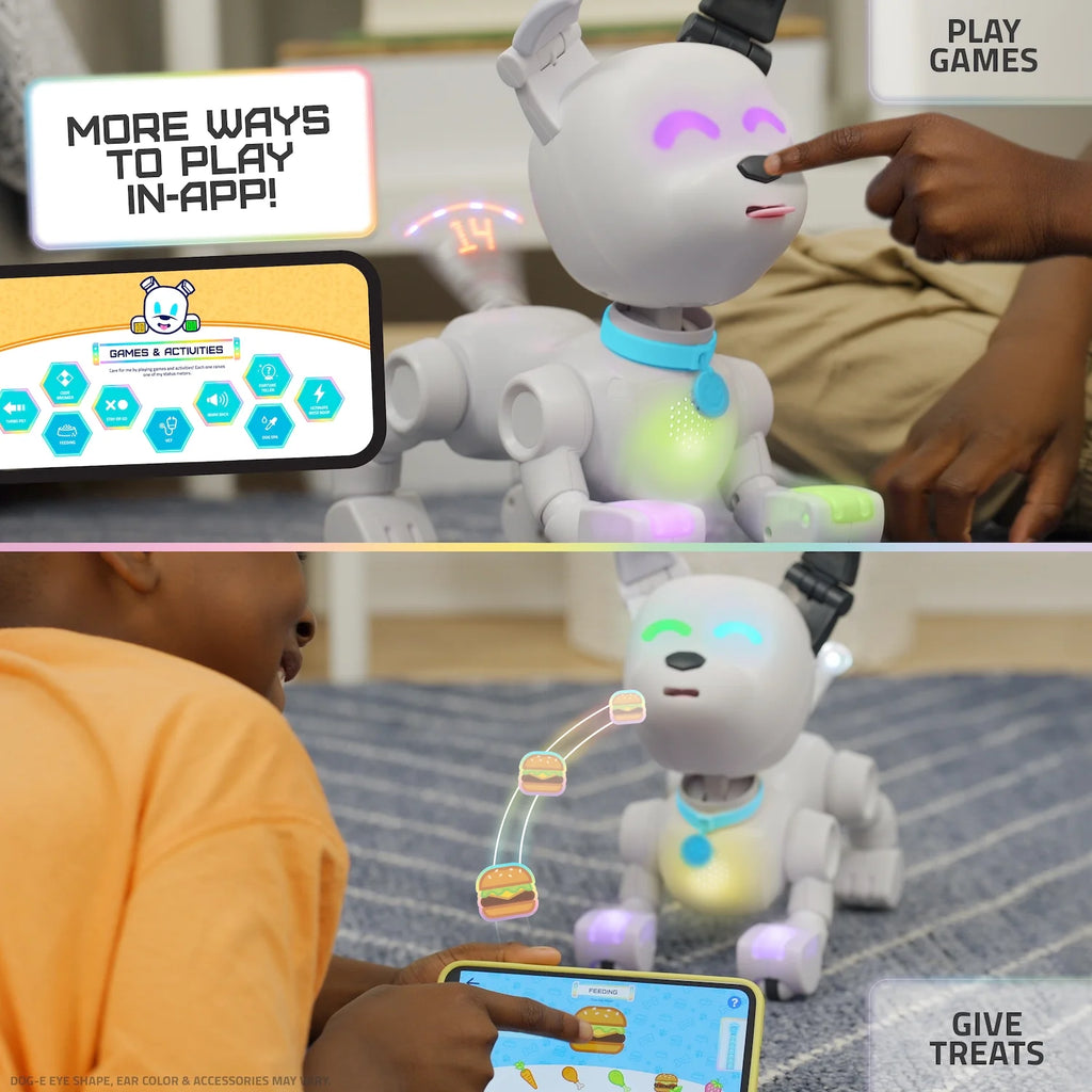 Interactive Dog-E Robot: LED Lights, 200+ Sounds & Reactions, App-Connected Fun for Ages 6+!