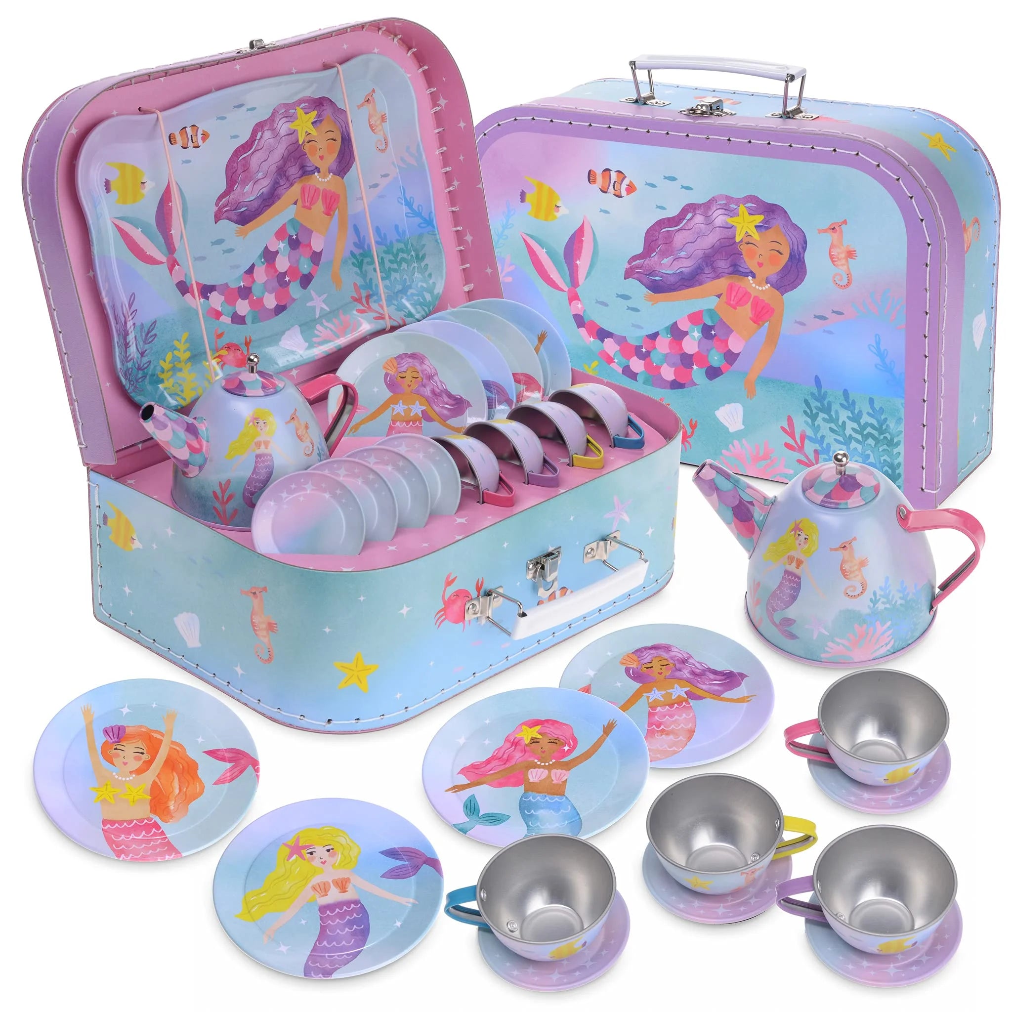 15-PIECE GIRLS PLAY TIN TEA SET WITH CARRYING CASE