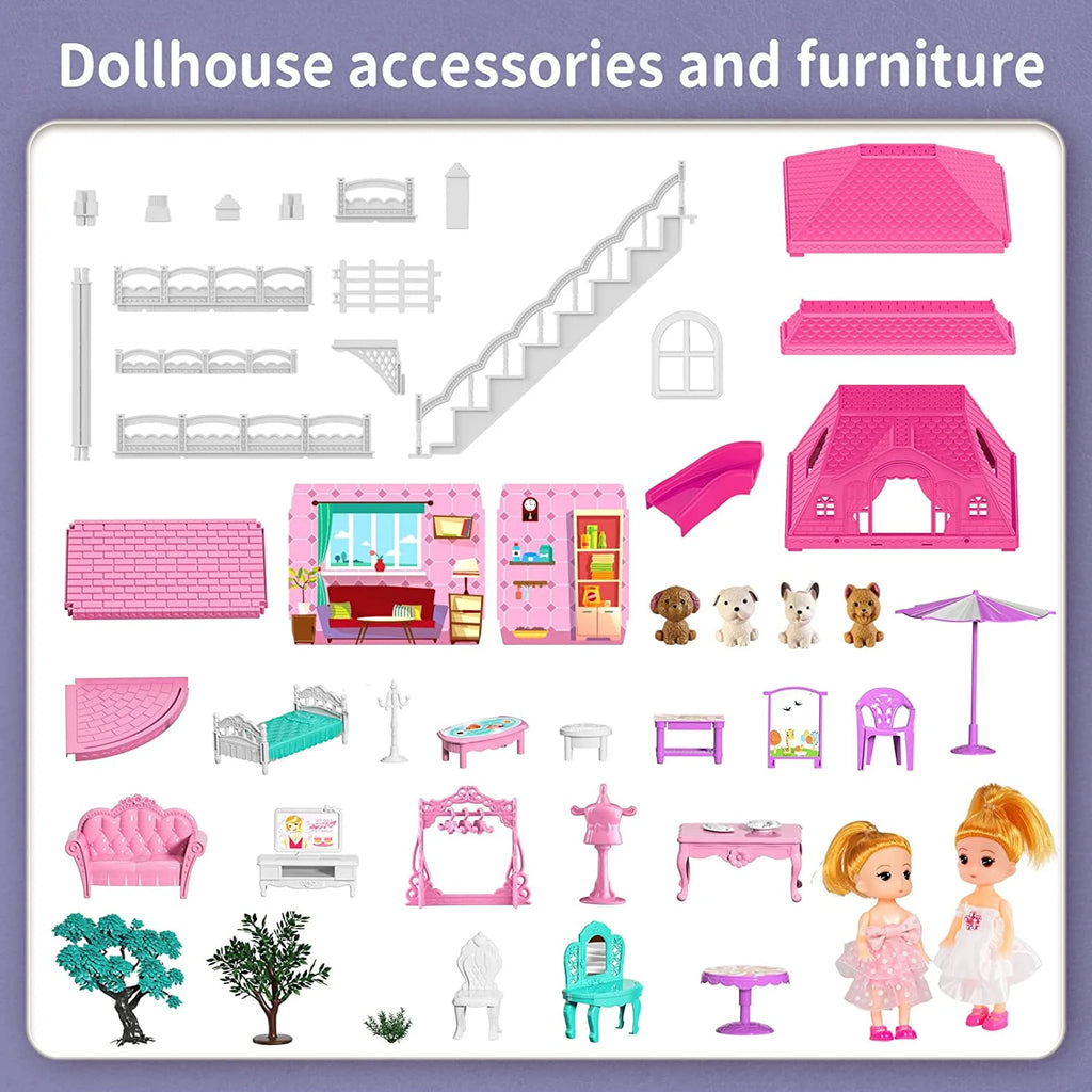 Luxurious 24.8'' Three-Story Dollhouse Set with Slide - 7 Rooms, 2 Dolls, 4 Puppies & Furniture Accessories - Perfect Pink Gift for Girls Ages 3+
