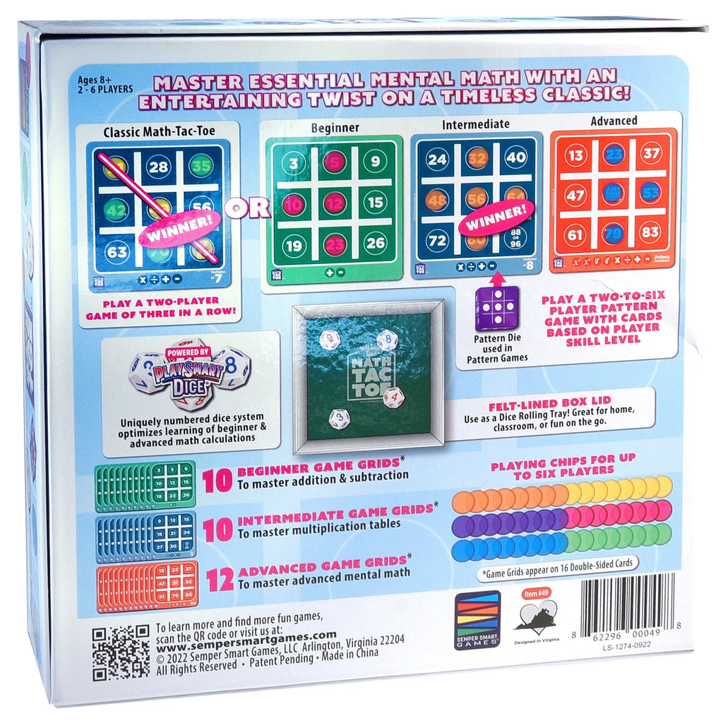 Playsmart Dice Math-Tac-Toe: Fun Mental Math Game for Ages 8+, Perfect for 2-6 Players!