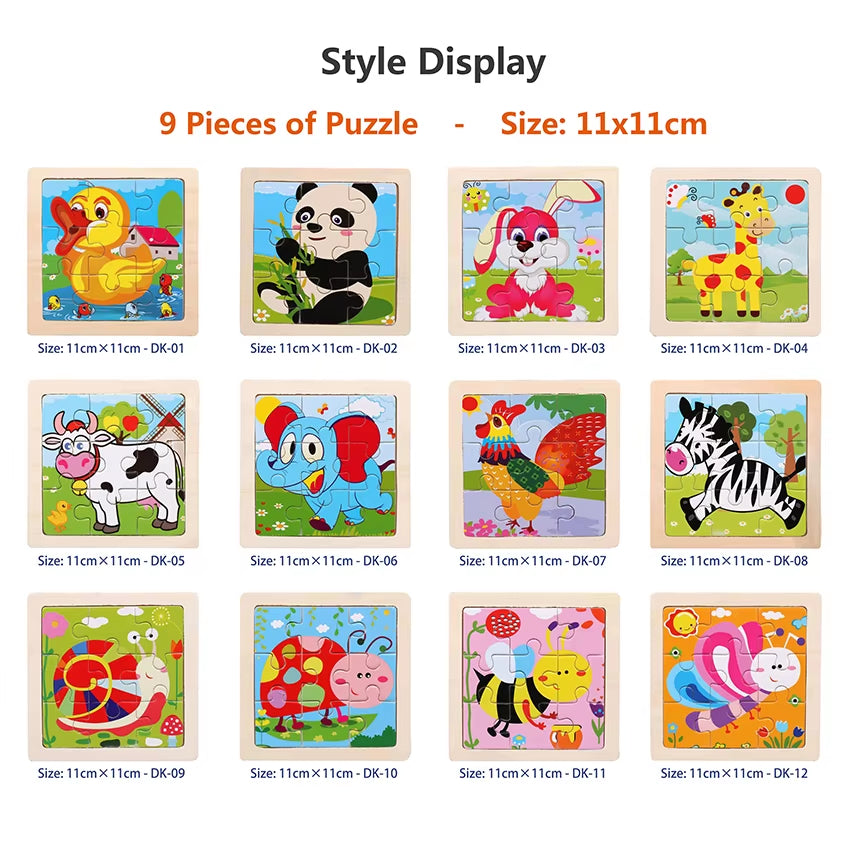 Colorful 11cm Wooden Jigsaw Puzzle for Kids - Fun Cartoon Animal & Vehicle Patterns - Montessori Educational Toy