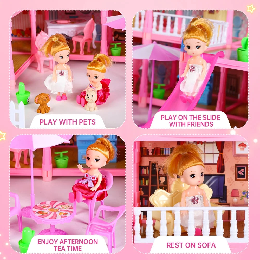 5-Story Dollhouse Playset for Girls with LED Lights, 19 Rooms, 2 Dolls, Furniture, and Accessories - Ideal Gift for Kids, Pink