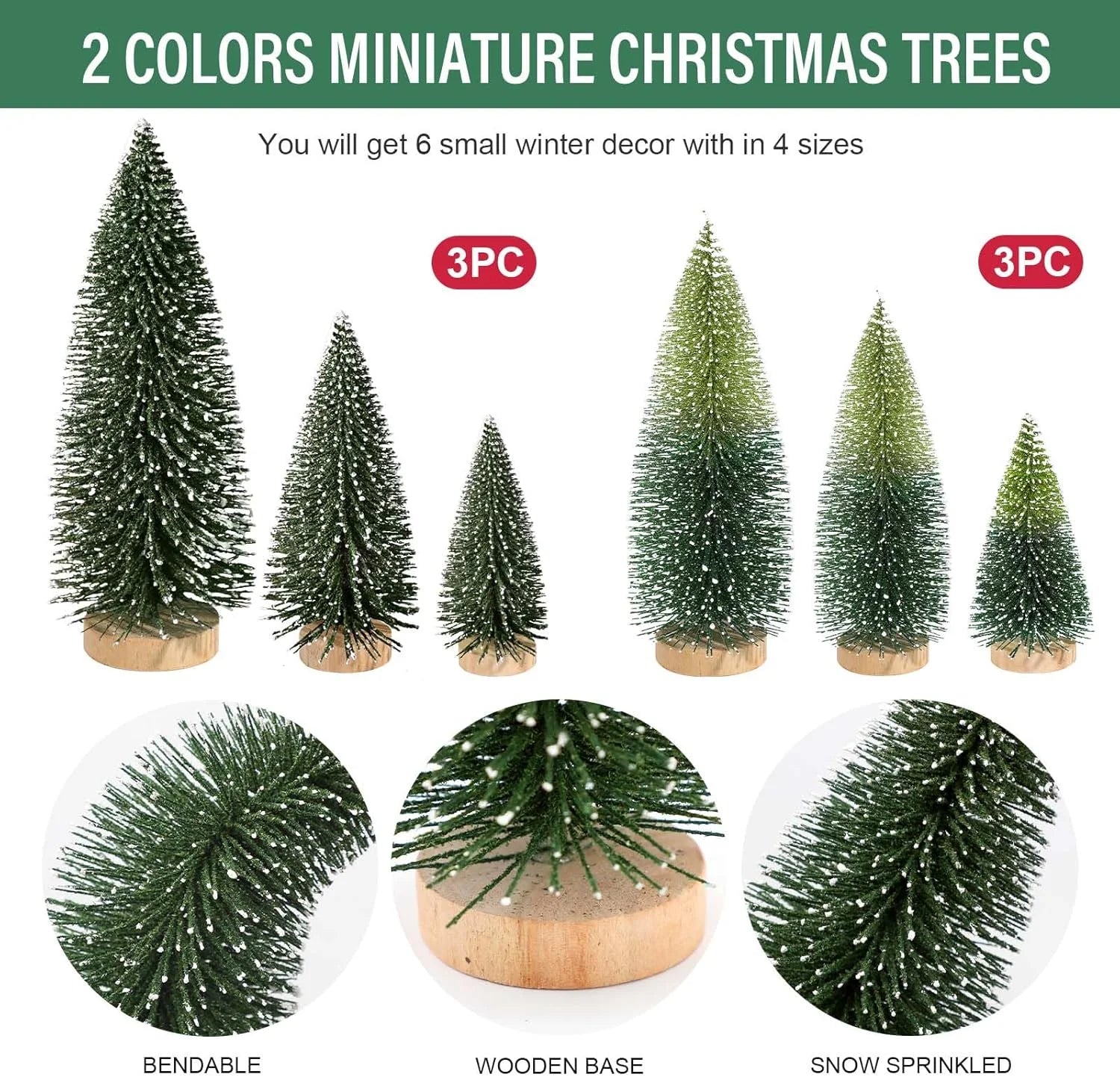 6Pcs Artificial Mini Christmas Tree Sisal Snow Trees Bottle Brush Christmas Trees Pine Trees Ornaments with Wooden Base for Christmas Party Decoration（(Green, Double Colors)）