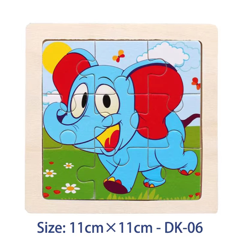 Colorful 11cm Wooden Jigsaw Puzzle for Kids - Fun Cartoon Animal & Vehicle Patterns - Montessori Educational Toy