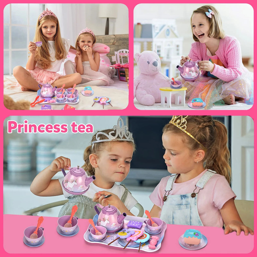 48-PIECE PLAY TEA PARTY SET FOR GIRLS: AGES 3-6, PRINCESS AND UNICORN THEMES