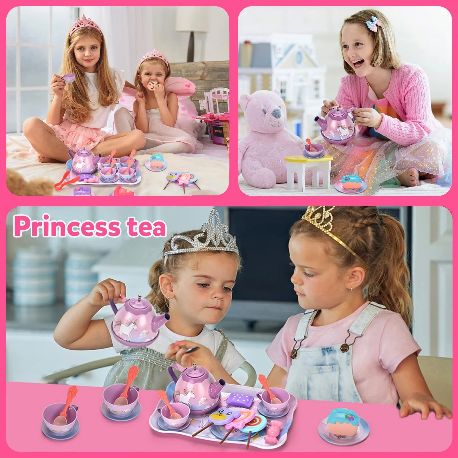 48-PIECE PLAY TEA PARTY SET FOR GIRLS: AGES 3-6, PRINCESS AND UNICORN THEMES