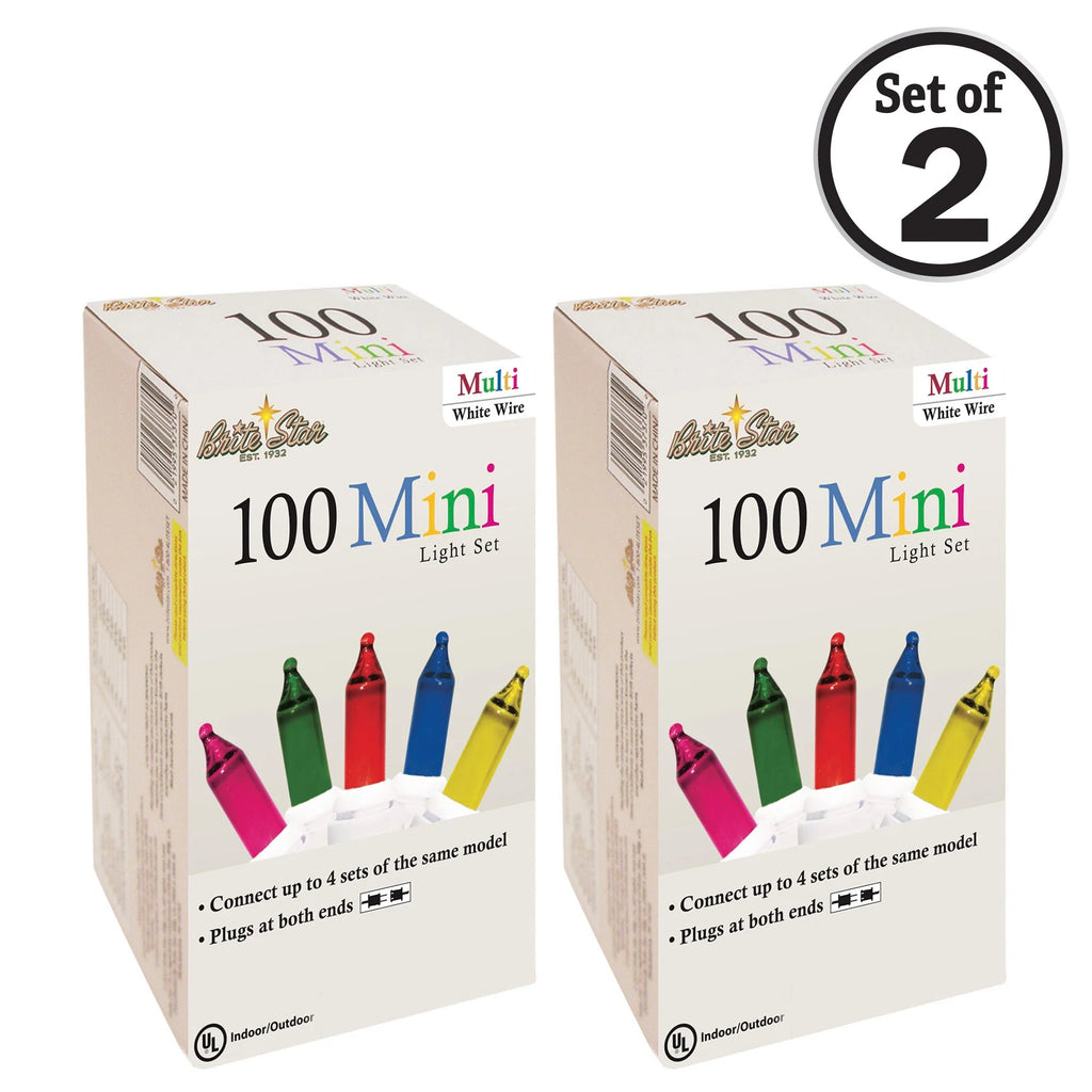 100 Count Mini String Christmas Lights, Multi - 22 Feet Indoor/Outdoor Christmas Tree Lights with White Wire (Set of 2)