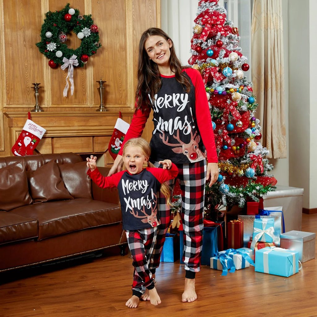 Christmas Pajamas Family Matching 2 Piece Pjs Sets Letter & Deer Print Long Sleeve Top & Plaid Pants for Kids Girl Boys Holiday Sleepwear with Socks, Black/Red, 6-7 Years
