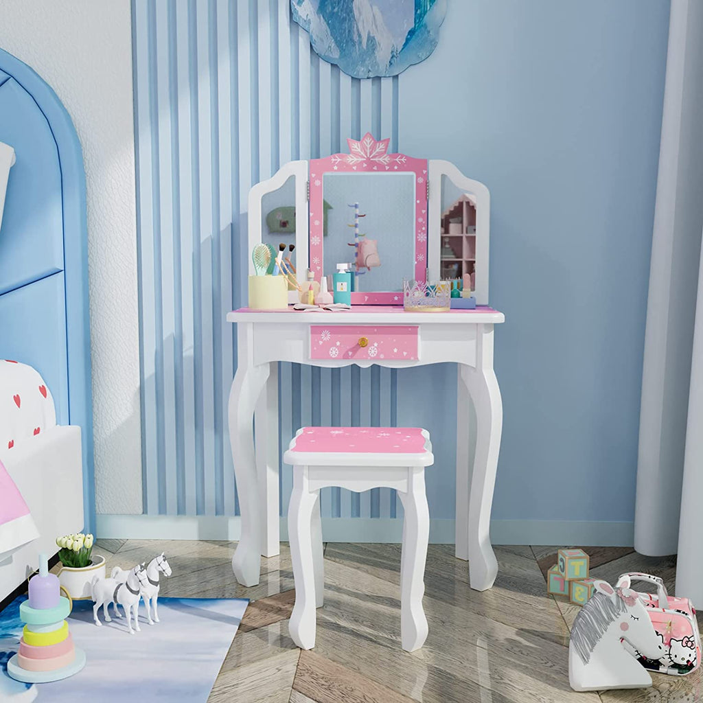 Pink Kids Vanity Set - Wooden Princess Makeup Table with Tri-Folding Mirror & Stool, Perfect Pretend Play Beauty Set for Girls