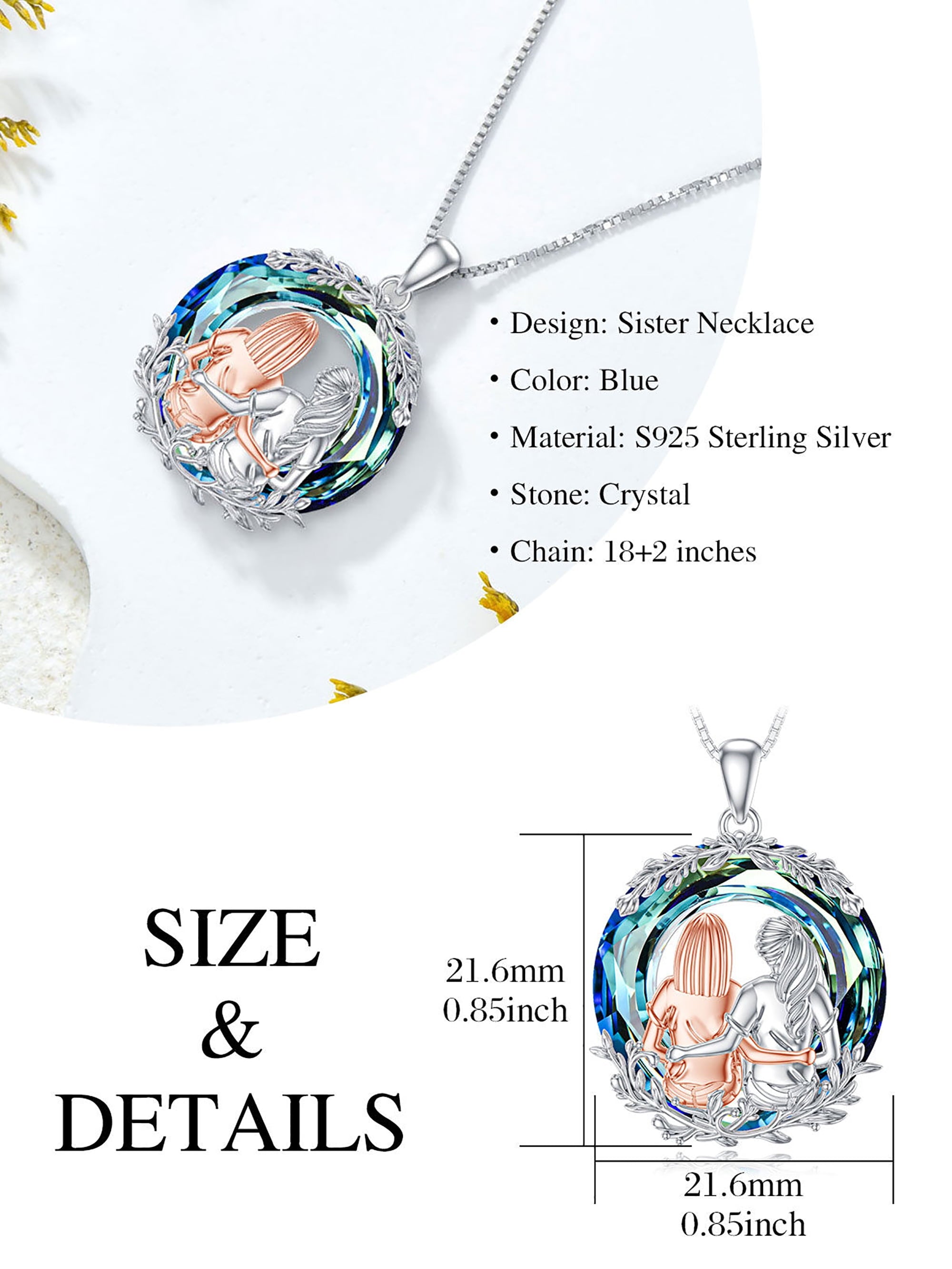 Sterling Silver Friendship Necklace for 2 - Sister Sit and Hug Pendant with Blue Crystal - Perfect Gift for Best Friends, Birthdays, Anniversaries, Mother's Day, Valentine's Day, and Christmas
