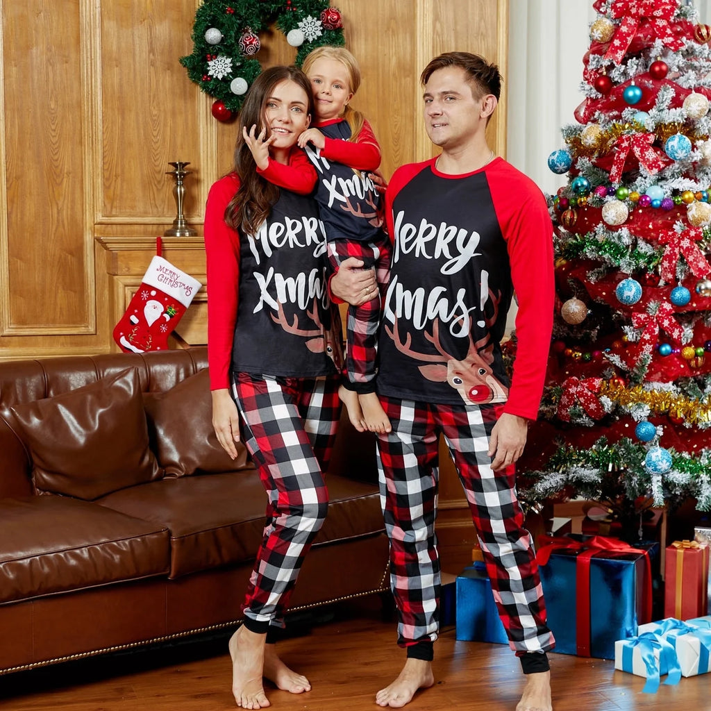 Christmas Pajamas Family Matching 2 Piece Pjs Sets Letter & Deer Print Long Sleeve Top & Plaid Pants for Kids Girl Boys Holiday Sleepwear with Socks, Black/Red, 6-7 Years