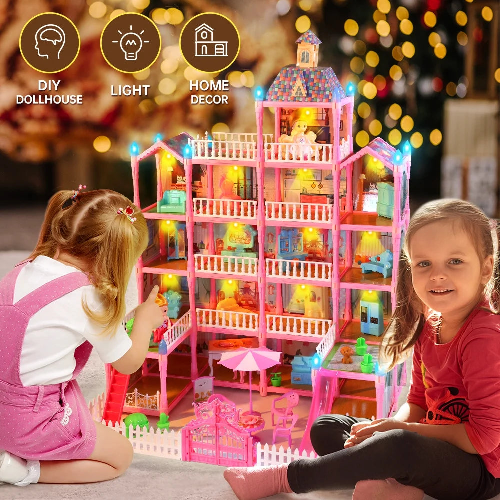 5-Story Dollhouse Playset for Girls with LED Lights, 19 Rooms, 2 Dolls, Furniture, and Accessories - Ideal Gift for Kids, Pink