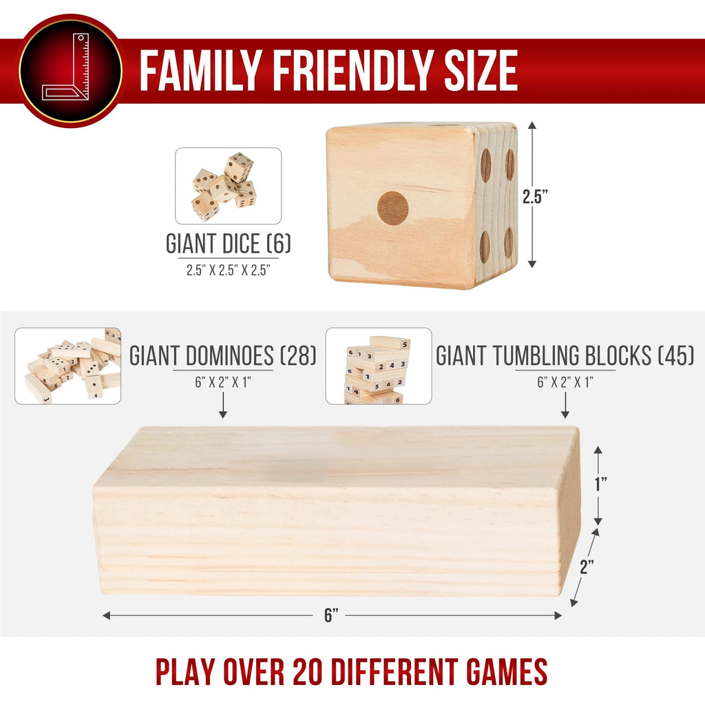 : Ultimate Outdoor Giant Games Set - 6 Jumbo Dice, 45 Tumbling Blocks & 28 Dominoes for Fun-Filled Family Activities!