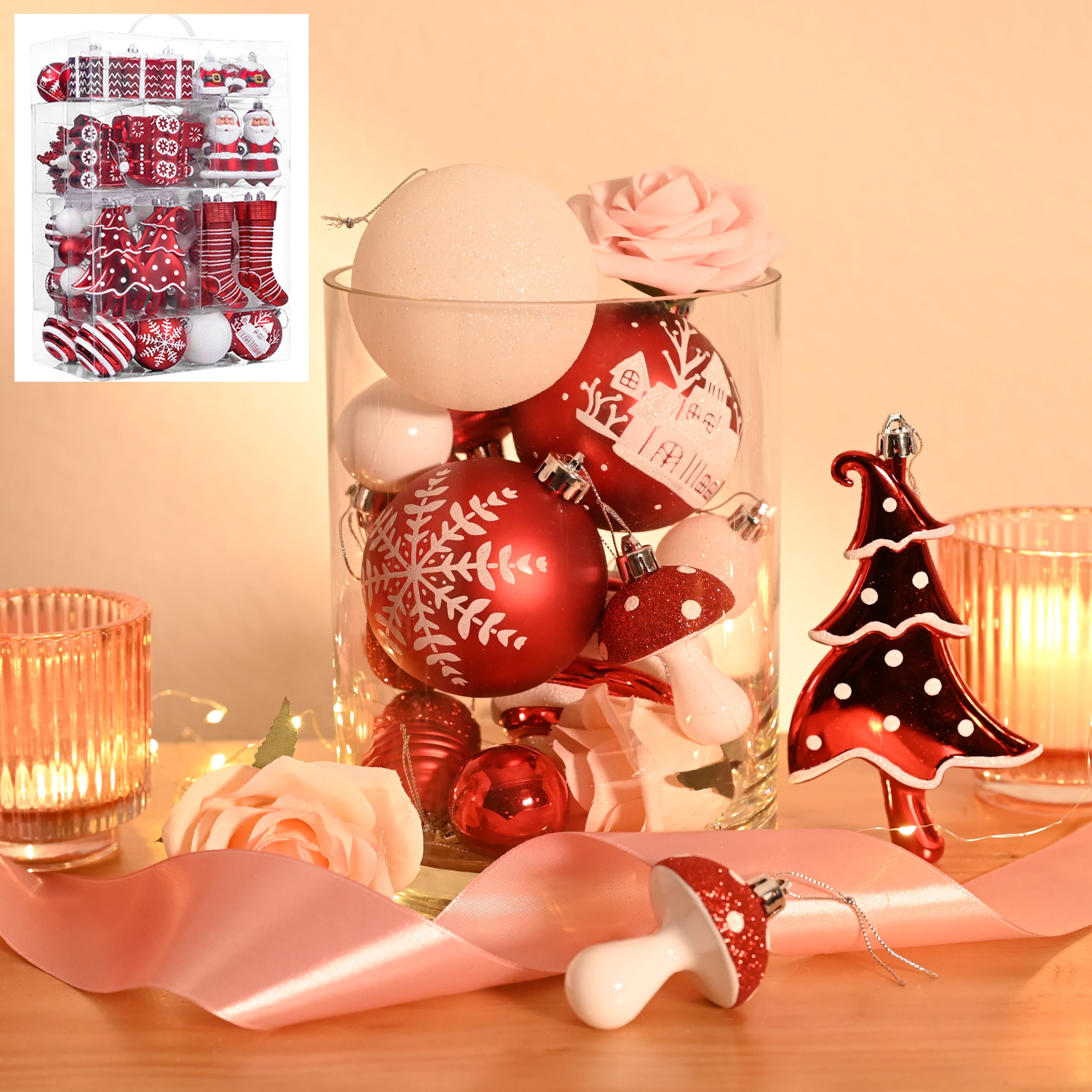 155Ct Christmas Ornaments Set, Red White Shatterproof Ornaments for Xmas Party Decor