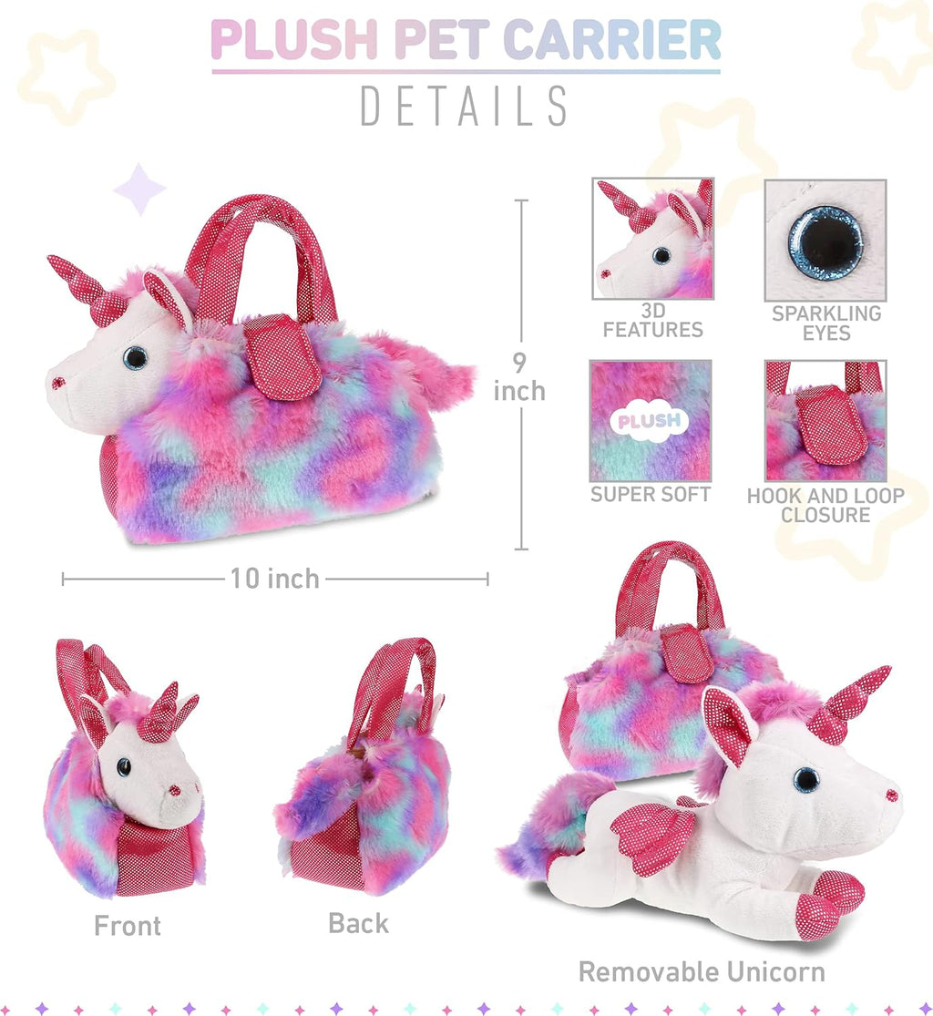 PINK UNICORN PLUSH TOY PET CARRIER - ANIMAL PURSE WITH REMOVABLE SPARKLY WHITE PLUSH TOY 