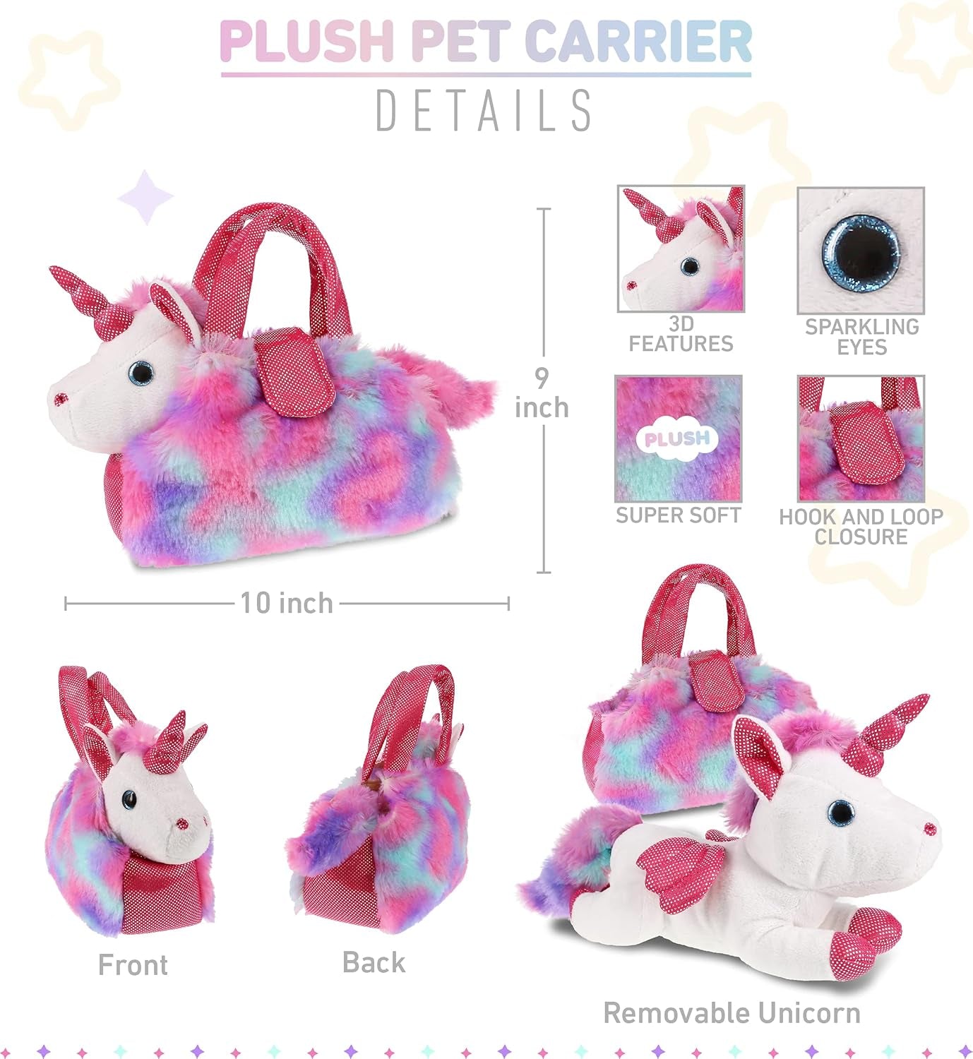 PINK UNICORN PLUSH TOY PET CARRIER - ANIMAL PURSE WITH REMOVABLE SPARKLY WHITE PLUSH TOY 
