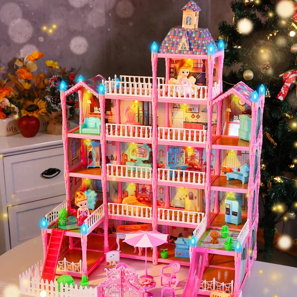 5-Story Dollhouse Playset for Girls with LED Lights, 19 Rooms, 2 Dolls, Furniture, and Accessories - Ideal Gift for Kids, Pink