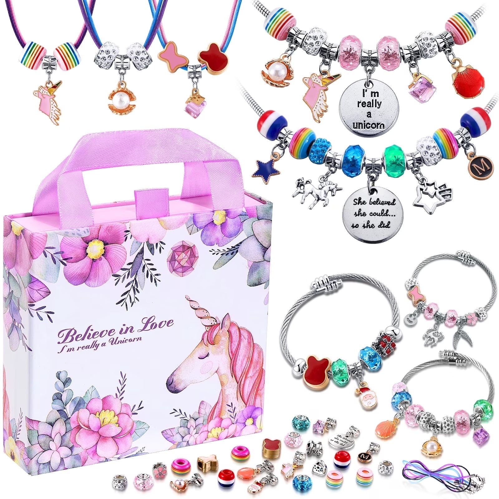 Unicorn Charm Bracelet Making Kit - Perfect Birthday Gift for Girls Ages 6-12, Fun Arts and Crafts Jewelry Kit for Creative Kids!