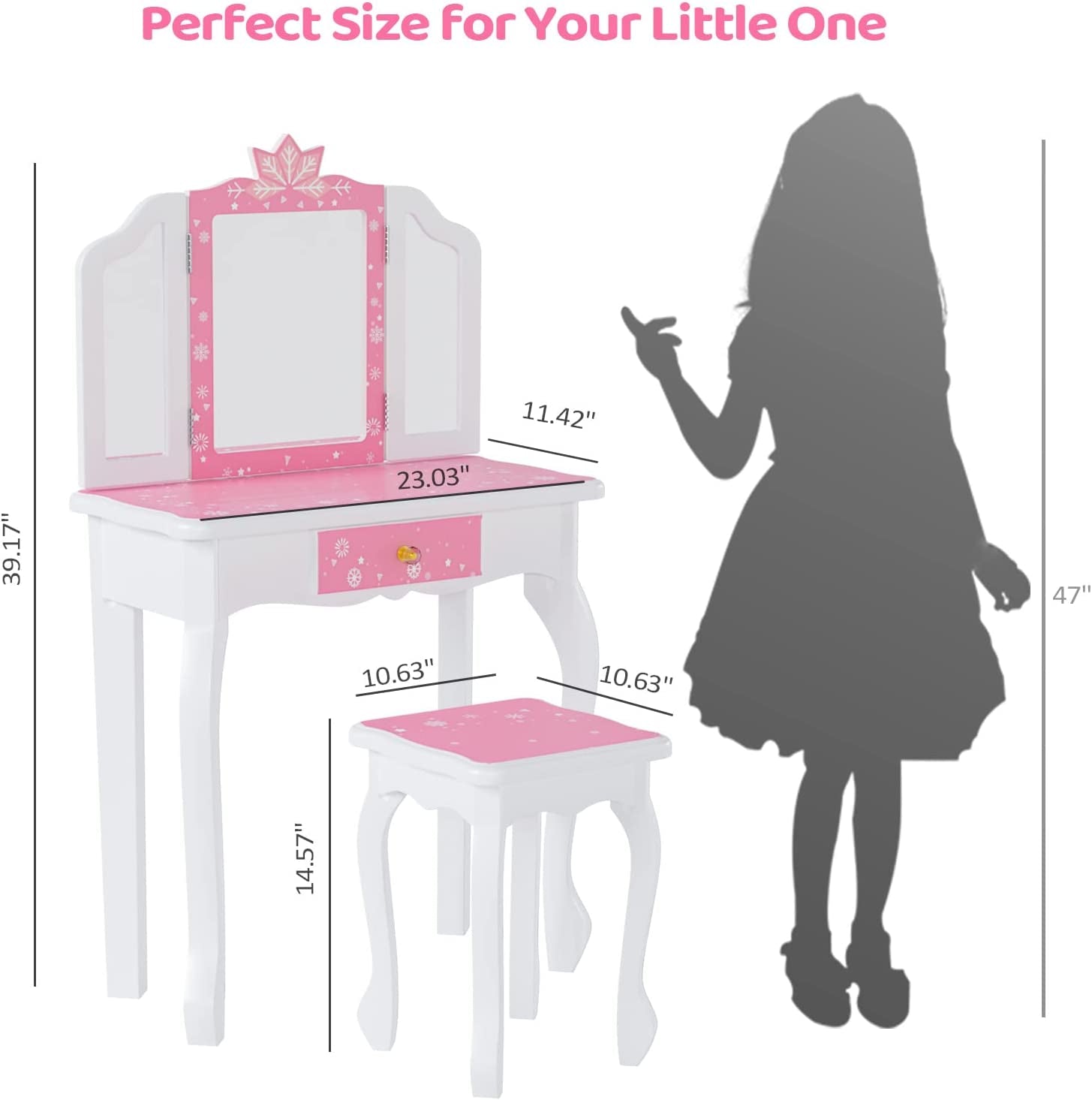 Pink Kids Vanity Set - Wooden Princess Makeup Table with Tri-Folding Mirror & Stool, Perfect Pretend Play Beauty Set for Girls