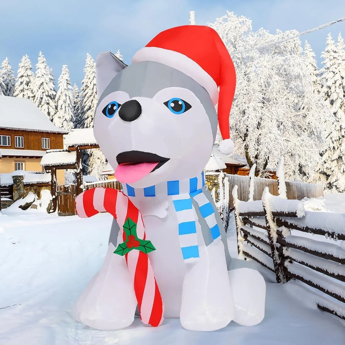 4 FT Christmas Inflatables Outdoor Dog Christmas Decorations Inflatable Christmas Dog Blow up Husky Dogs Holding Candy Cane Christmas Decoration with Built-In Leds for Xmas Party Garden Decor