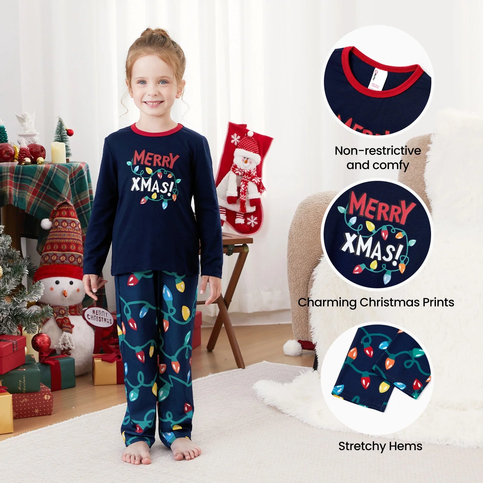Kids Christmas Pajamas Family Matching Pjs Set Christmas Lights Top and Pant Gift for Girls Boys Sleepwear with Socks, 2-Piece, Size 8-9Y