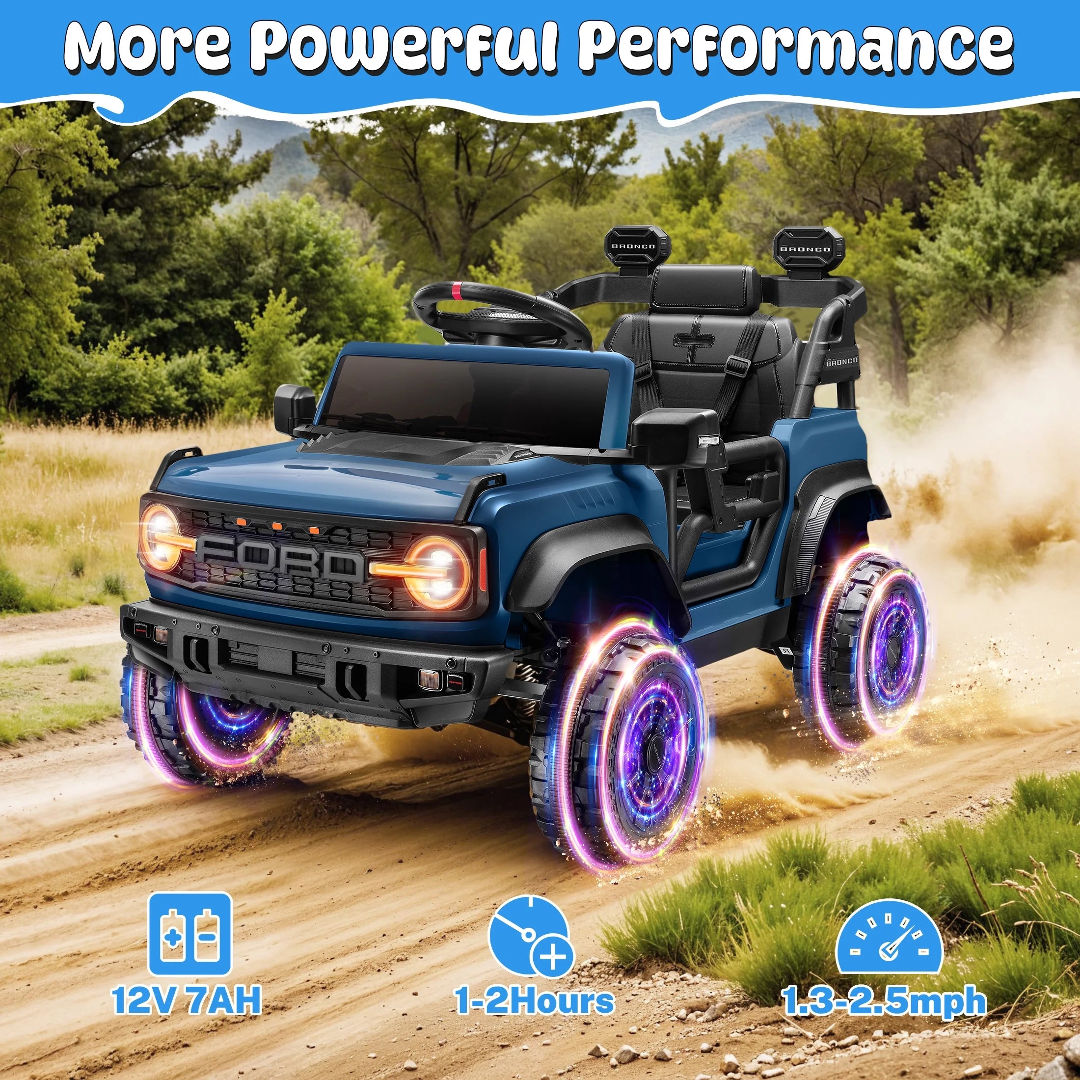 Ford Bronco Raptor Electric Ride on Toy Car for Toddler Kids, 12V Battery Powered Ride on Cars W/Remote Control, Bluetooth & Lights, Blue