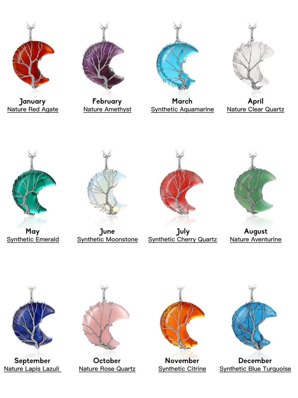 Stunning December Birthstone Necklace - Tree of Life Crescent Moon Pendant with Synthetic Blue Turquoise Healing Crystal for Women and Girls