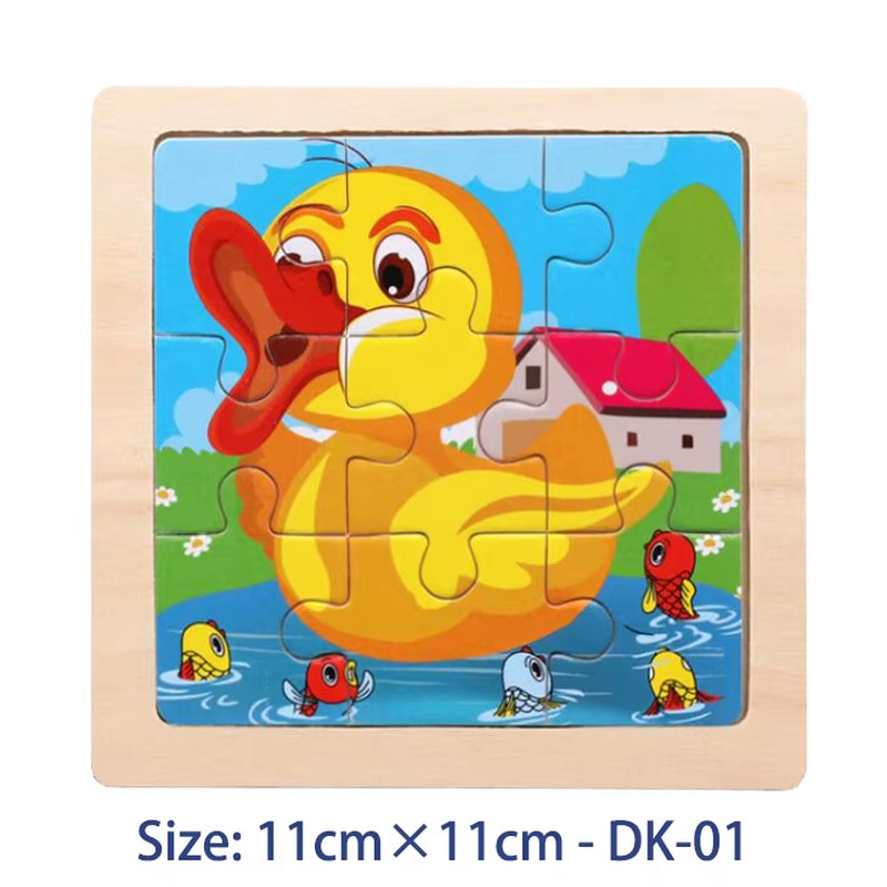 Colorful 11cm Wooden Jigsaw Puzzle for Kids - Fun Cartoon Animal & Vehicle Patterns - Montessori Educational Toy