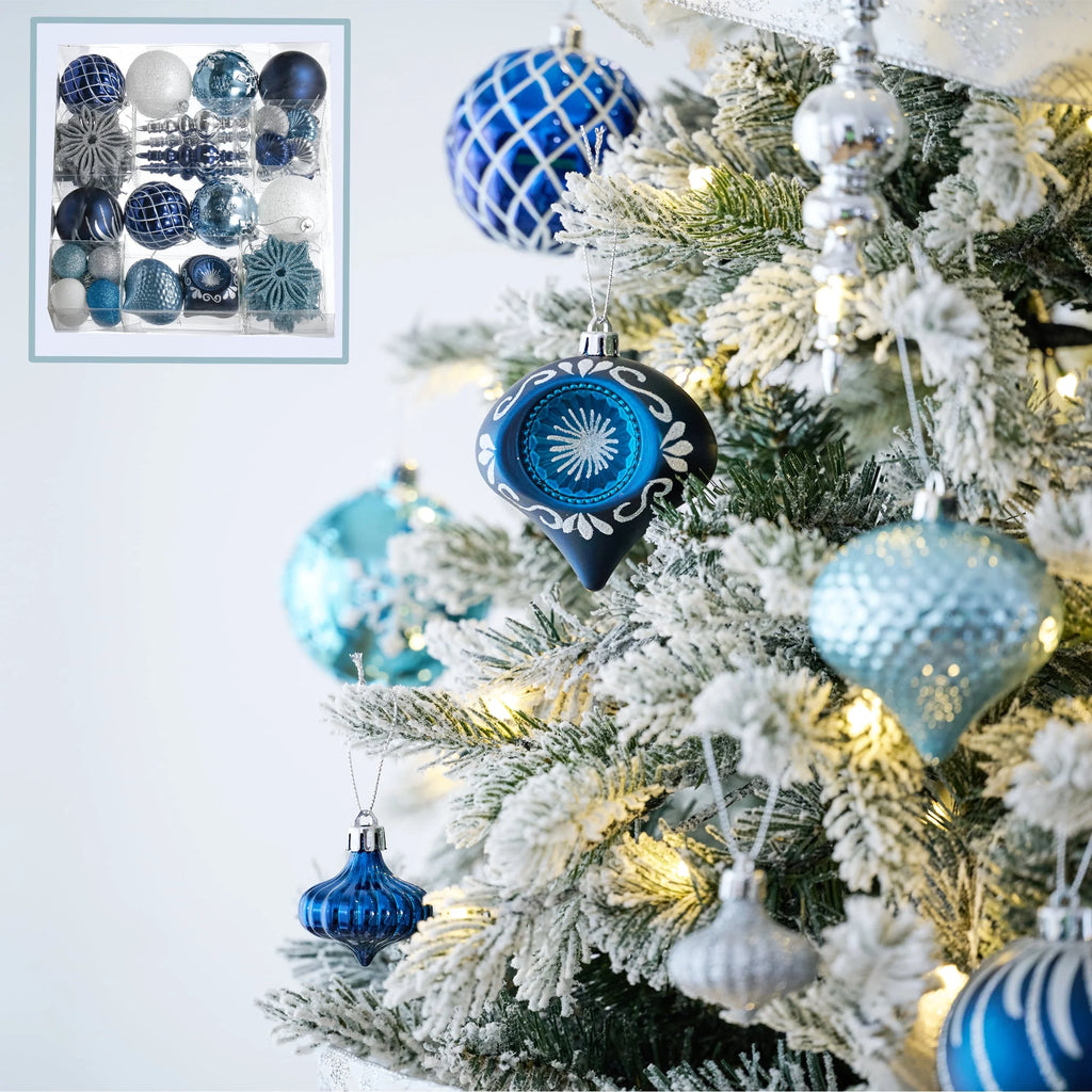 70Ct Christmas Ornaments Set, Silver Blue Christmas Tree Ornaments for Xmas Decor