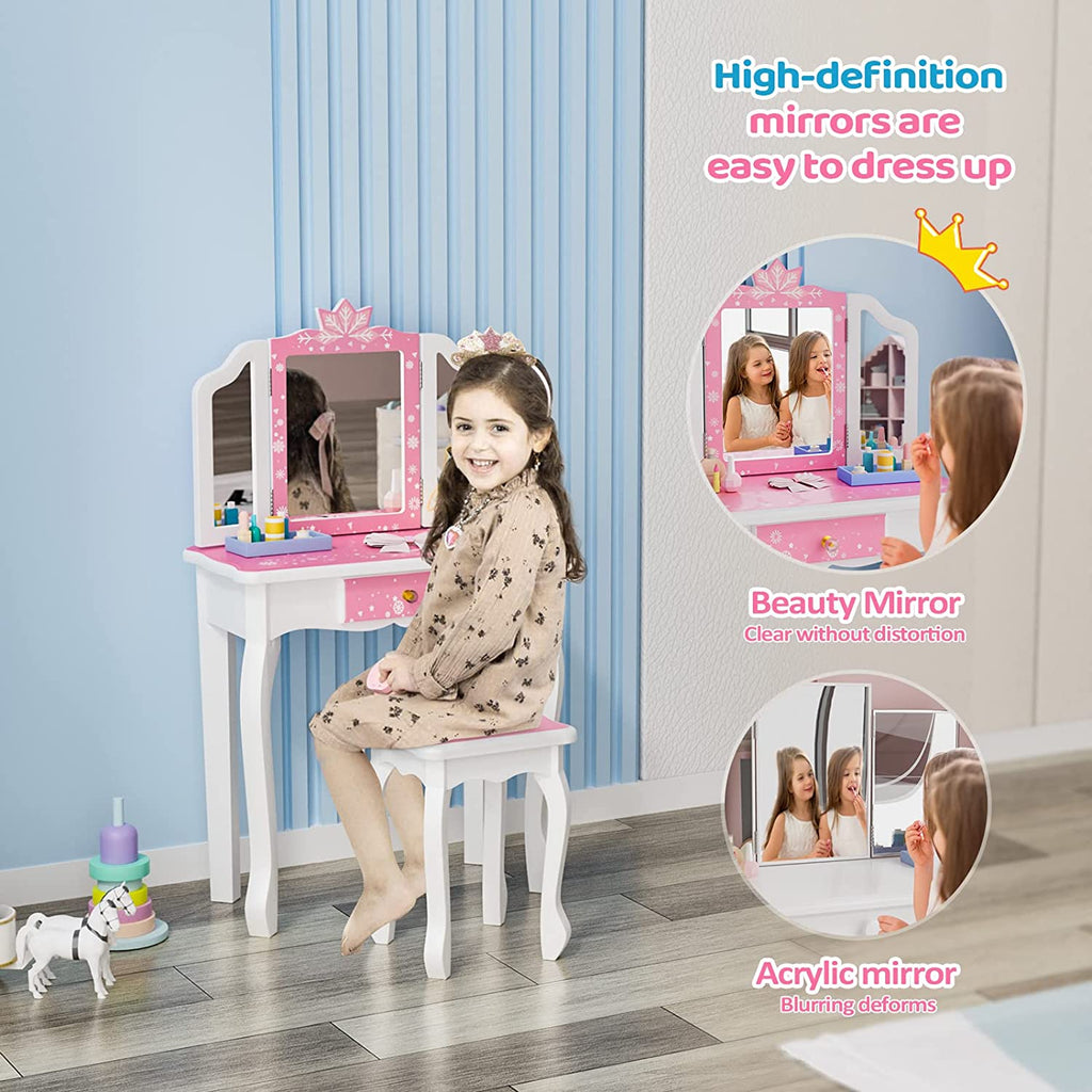 Pink Kids Vanity Set - Wooden Princess Makeup Table with Tri-Folding Mirror & Stool, Perfect Pretend Play Beauty Set for Girls
