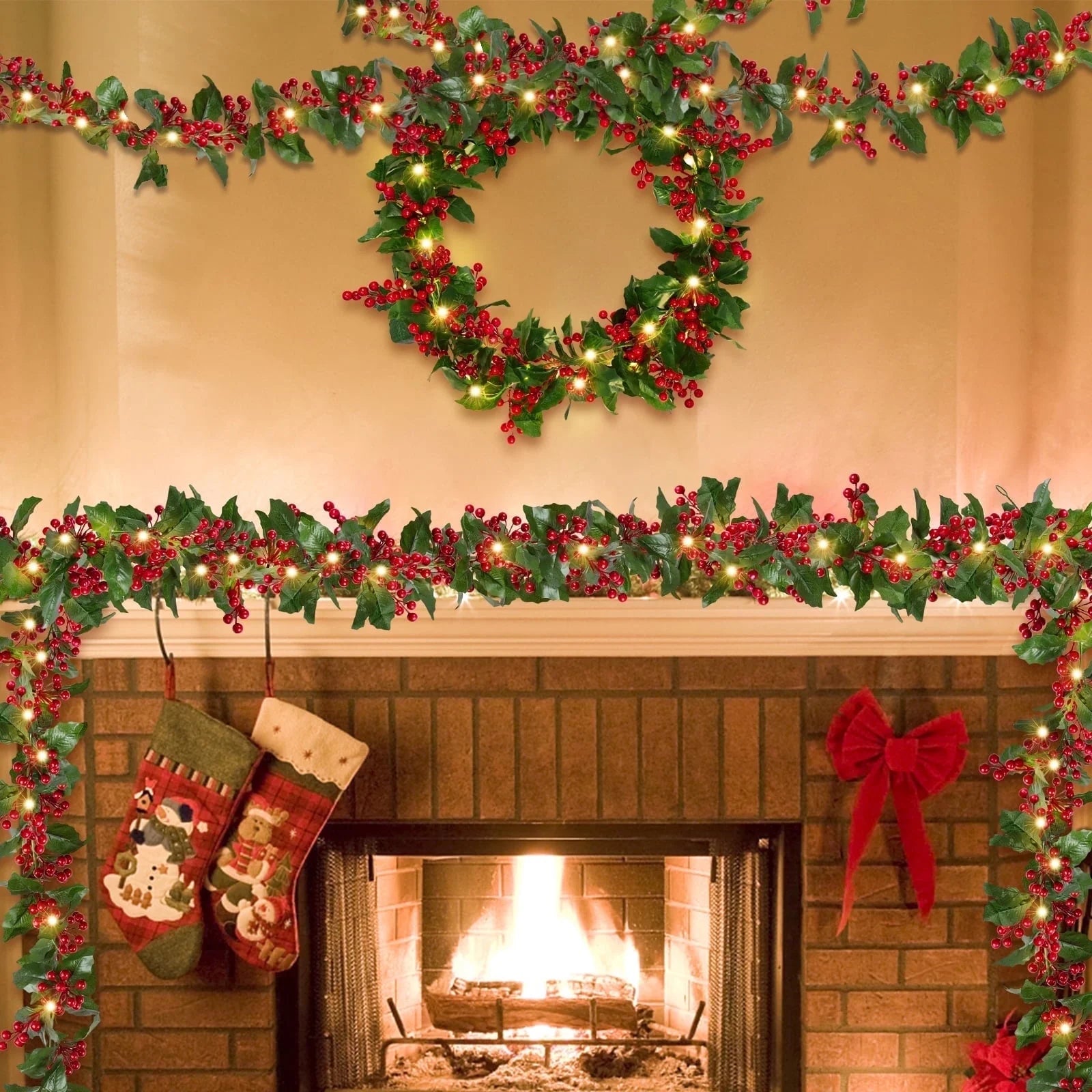 Christmas Garlands Decorations, 5.9 Ft Artificial Xmas Garland with Lights for Indoor Outdoor Home Table Christmas Decor